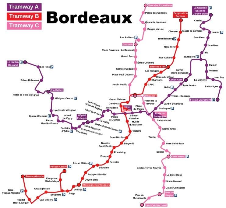 la carte de Bordeaux, de la gare