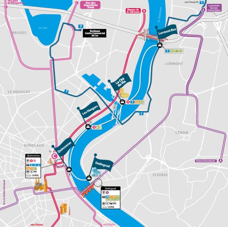 la carte de Bordeaux en bateau