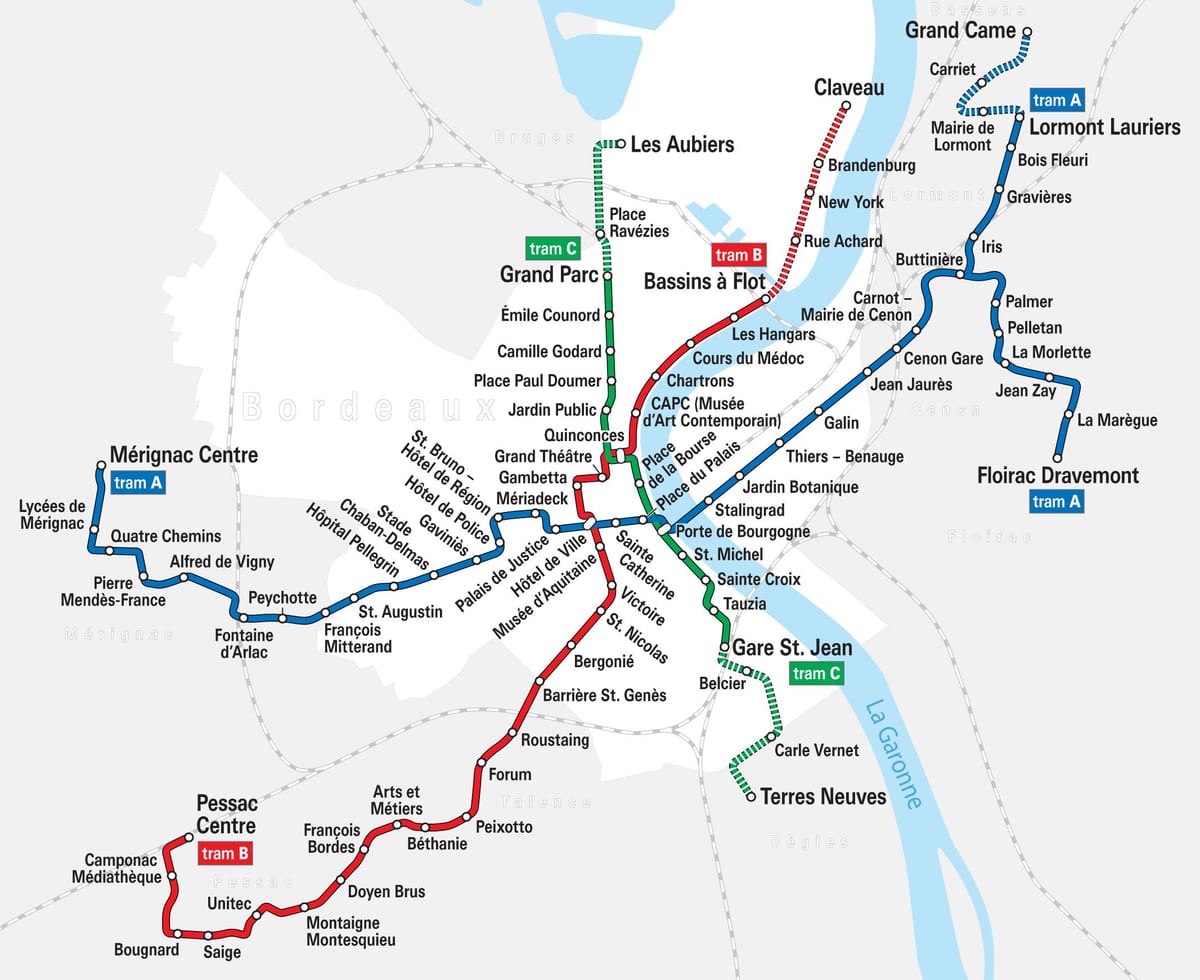 Bordeaux tram la carte de l'itinéraire