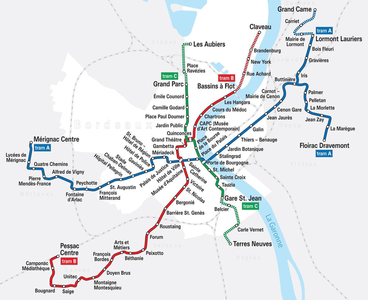 le tram de la carte de Bordeaux, france