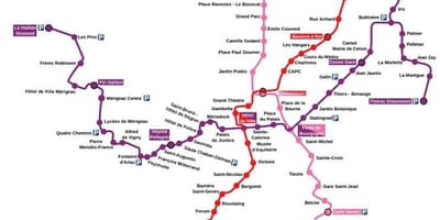 La carte de Bordeaux, de la gare